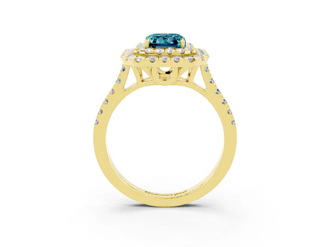 Yellow gold Double Halo Emerald Cut Blue Topaz Pavé Band with Four-Prong Setting_3