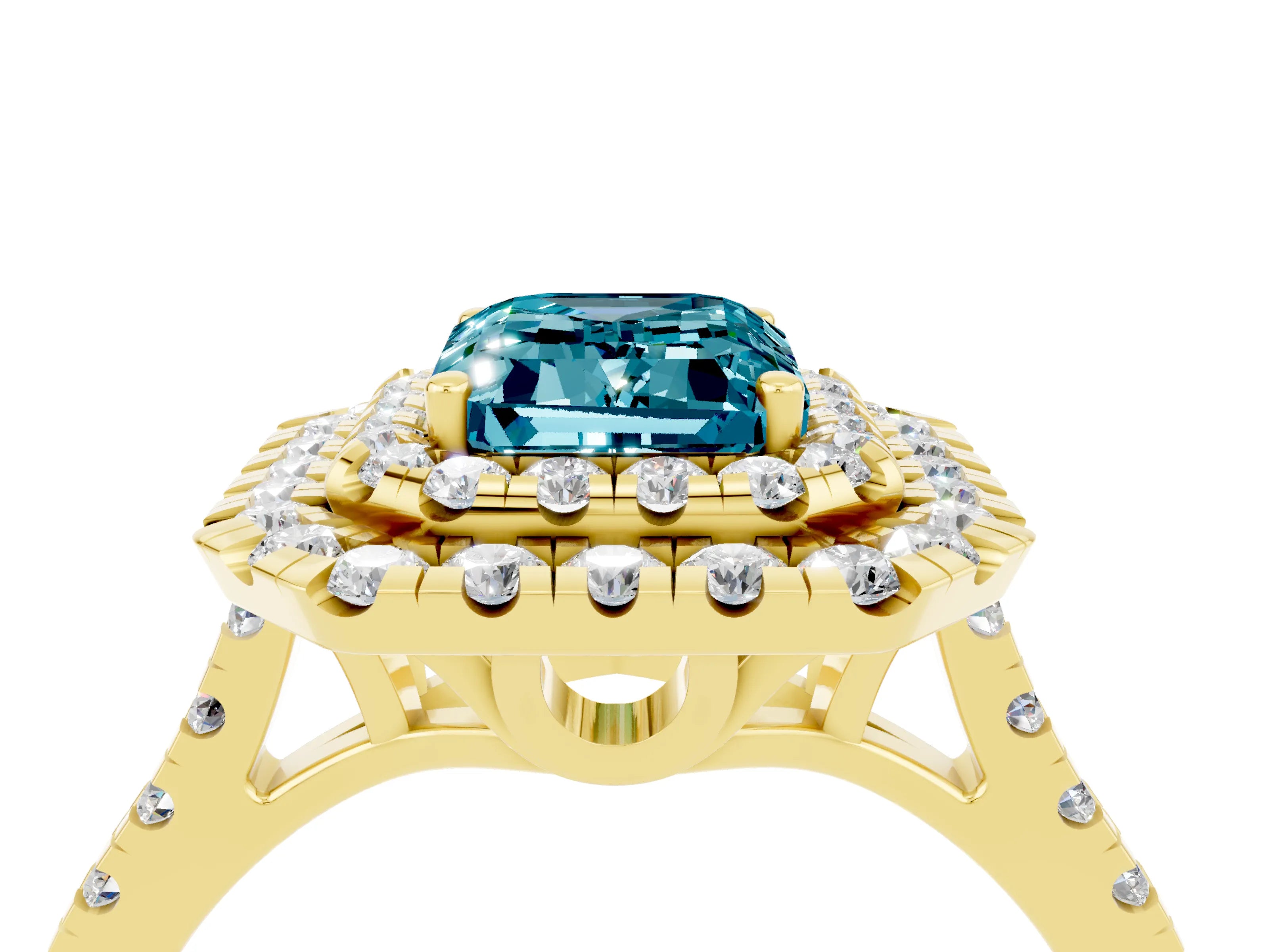 Yellow gold Double Halo Emerald Cut Blue Topaz Pavé Band with Four-Prong Setting_4