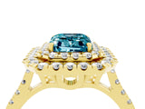 Yellow gold Double Halo Emerald Cut Blue Topaz Pavé Band with Four-Prong Setting_4