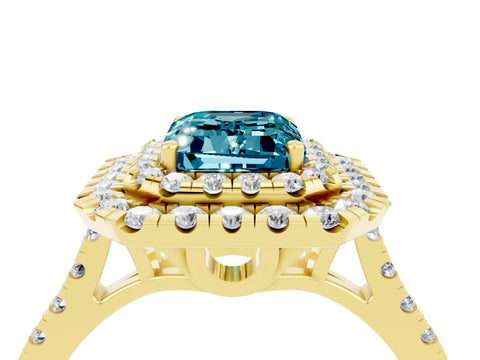 Yellow gold Double Halo Emerald Cut Blue Topaz Pavé Band with Four-Prong Setting_4