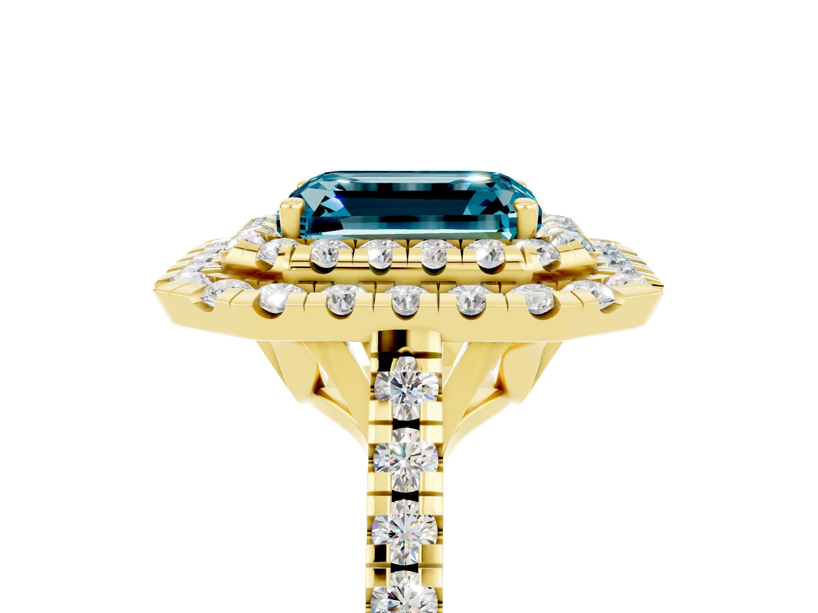 Yellow gold Double Halo Emerald Cut Blue Topaz Pavé Band with Four-Prong Setting_5