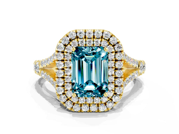 Yellow gold Double Halo Emerald Cut Blue Topaz Pavé Split Shank Ring with Prong Setting