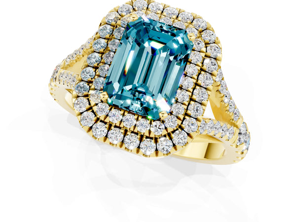 Yellow gold Double Halo Emerald Cut Blue Topaz Pavé Split Shank Ring with Prong Setting