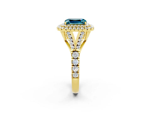Yellow gold Double Halo Emerald Cut Blue Topaz Pavé Split Shank Ring with Prong Setting_2