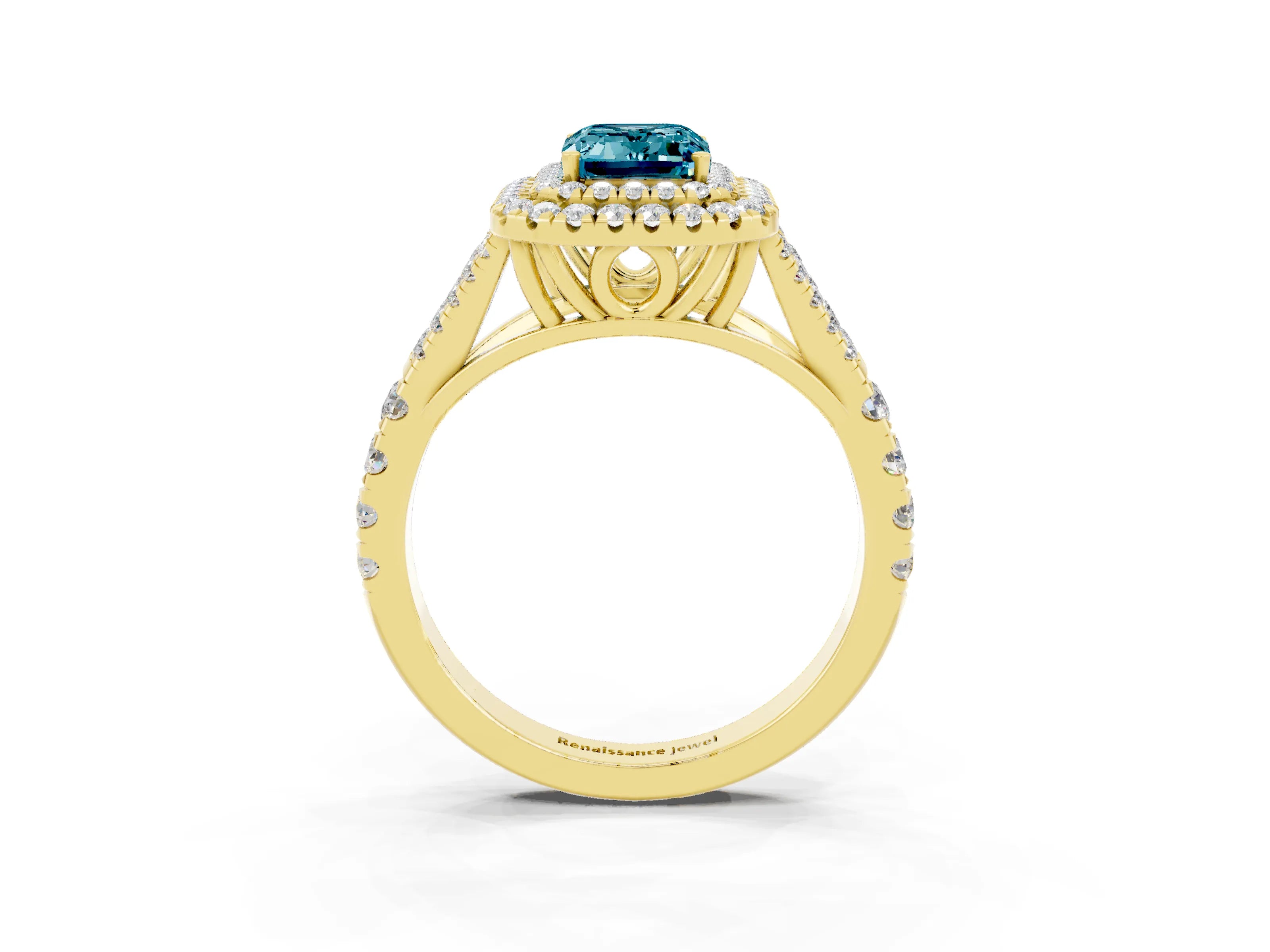 Yellow gold Double Halo Emerald Cut Blue Topaz Pavé Split Shank Ring with Prong Setting_3