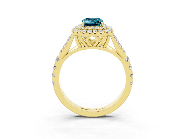 Yellow gold Double Halo Emerald Cut Blue Topaz Pavé Split Shank Ring with Prong Setting