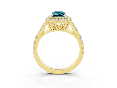 Yellow gold Double Halo Emerald Cut Blue Topaz Pavé Split Shank Ring with Prong Setting_3