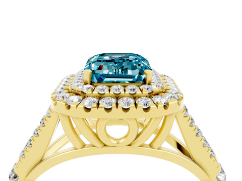 Yellow gold Double Halo Emerald Cut Blue Topaz Pavé Split Shank Ring with Prong Setting_4