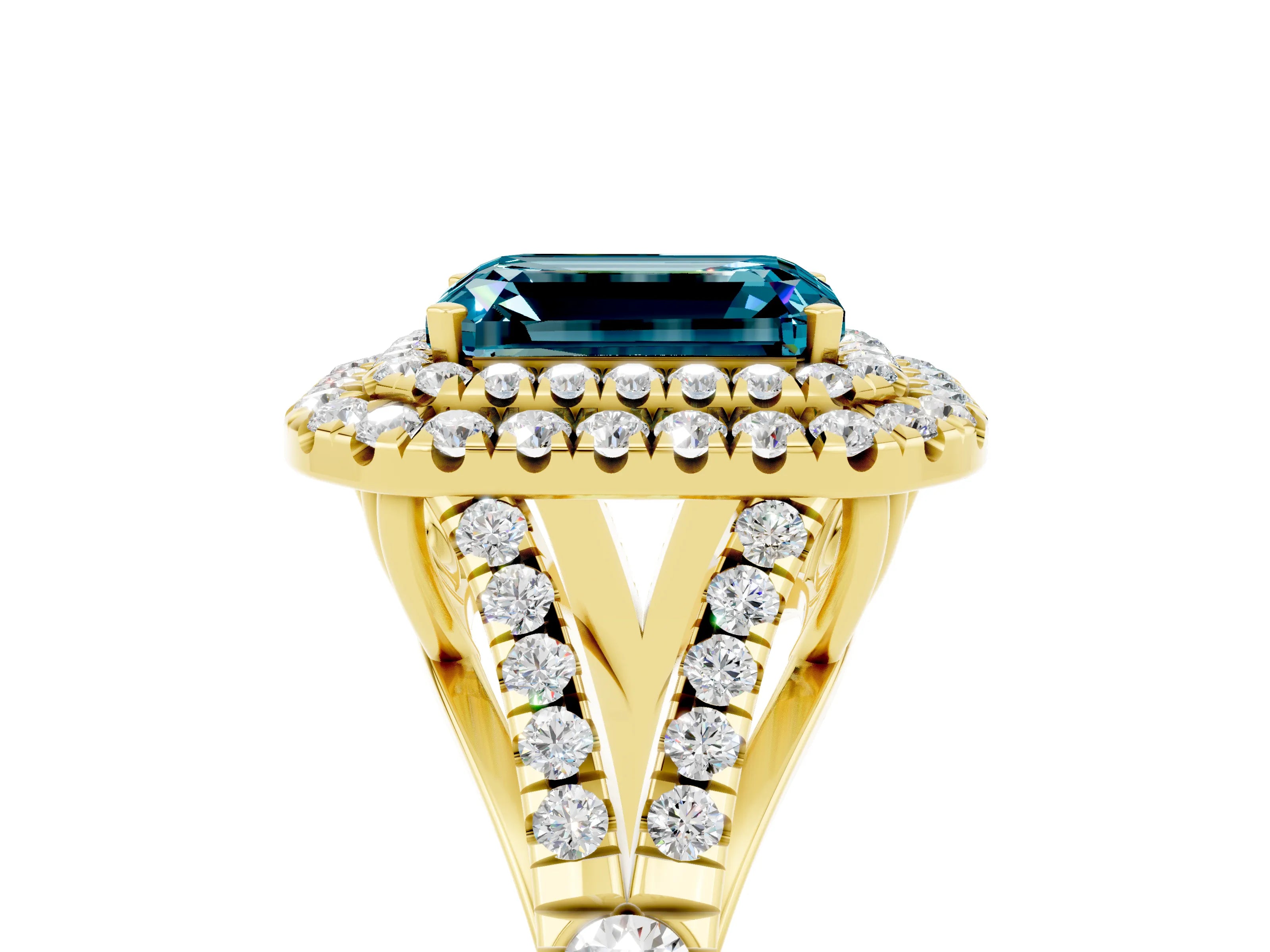 Yellow gold Double Halo Emerald Cut Blue Topaz Pavé Split Shank Ring with Prong Setting_5