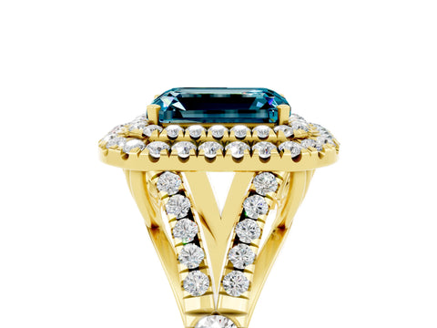 Yellow gold Double Halo Emerald Cut Blue Topaz Pavé Split Shank Ring with Prong Setting_5