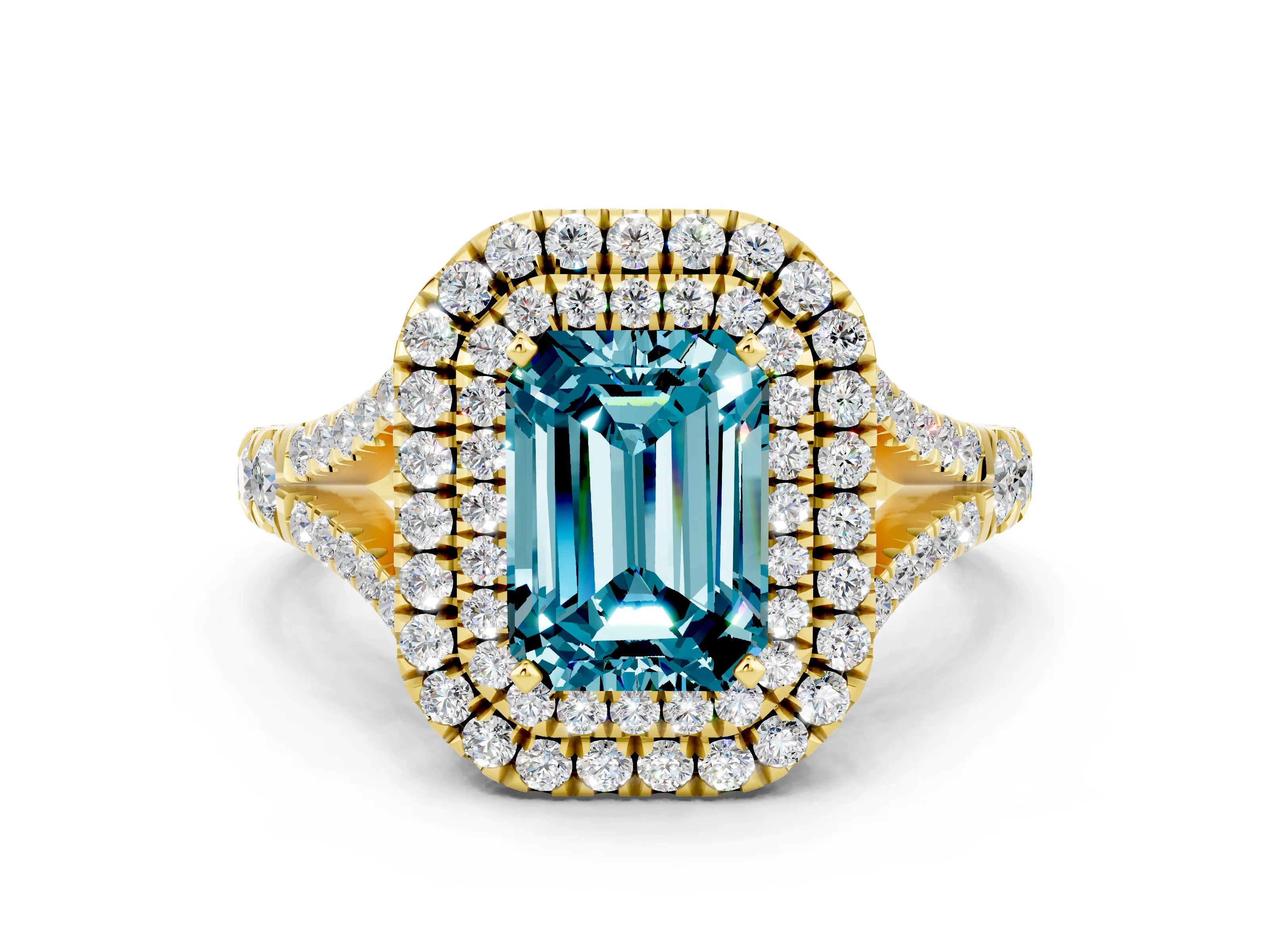 Yellow gold Double Halo Emerald Cut Blue Topaz Split Shank Engagement Ring with Four-Prong Setting