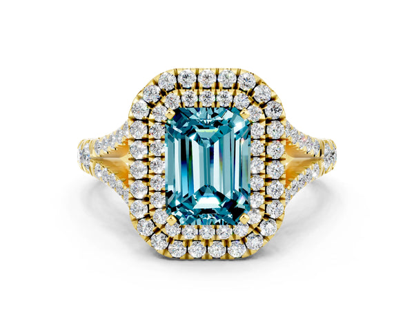 Yellow gold Double Halo Emerald Cut Blue Topaz Split Shank Engagement Ring with Four-Prong Setting