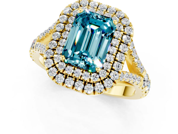 Yellow gold Double Halo Emerald Cut Blue Topaz Split Shank Engagement Ring with Four-Prong Setting