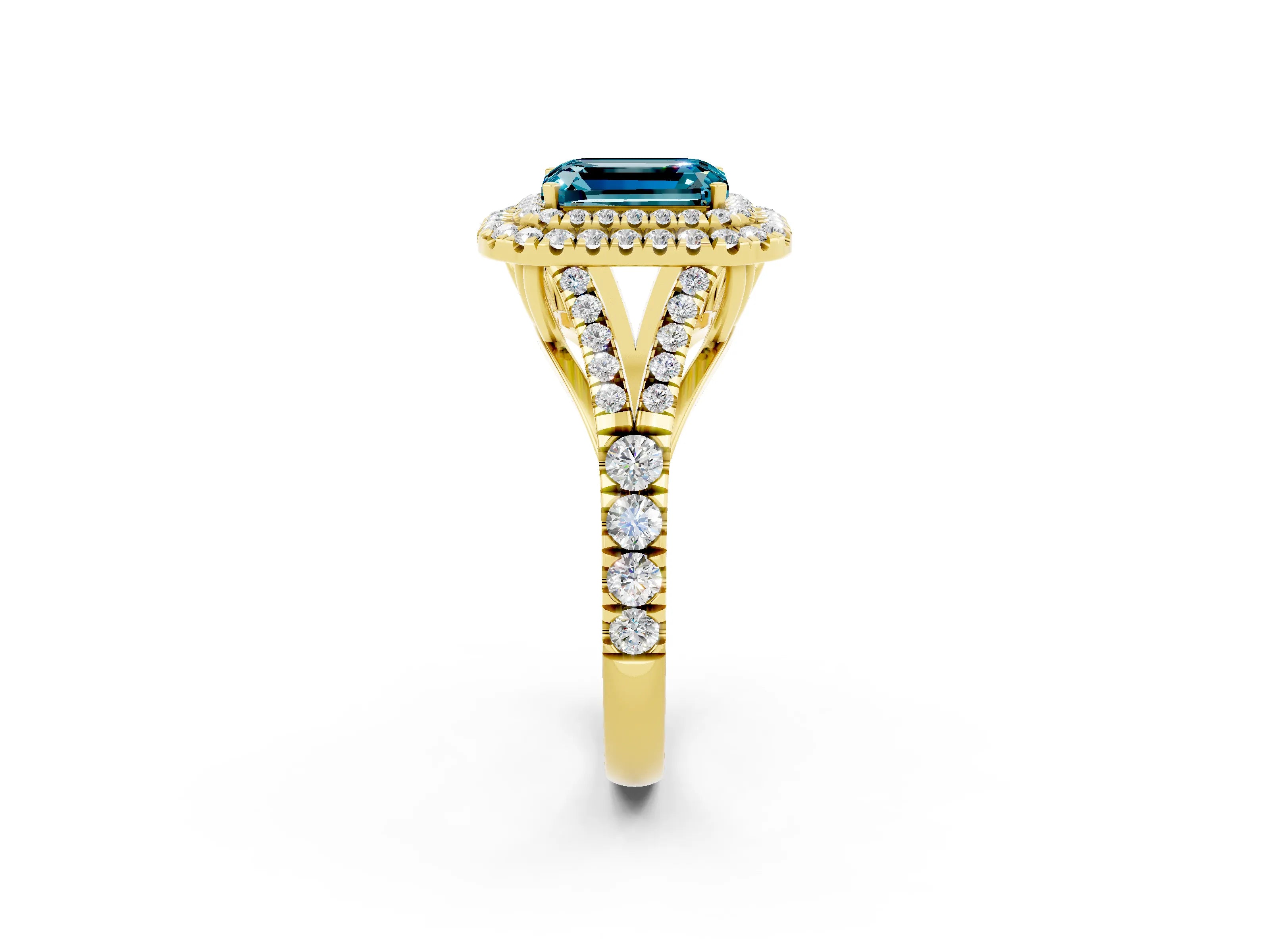 Yellow gold Double Halo Emerald Cut Blue Topaz Split Shank Engagement Ring with Four-Prong Setting_2