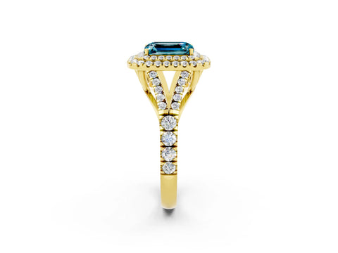 Yellow gold Double Halo Emerald Cut Blue Topaz Split Shank Engagement Ring with Four-Prong Setting_2