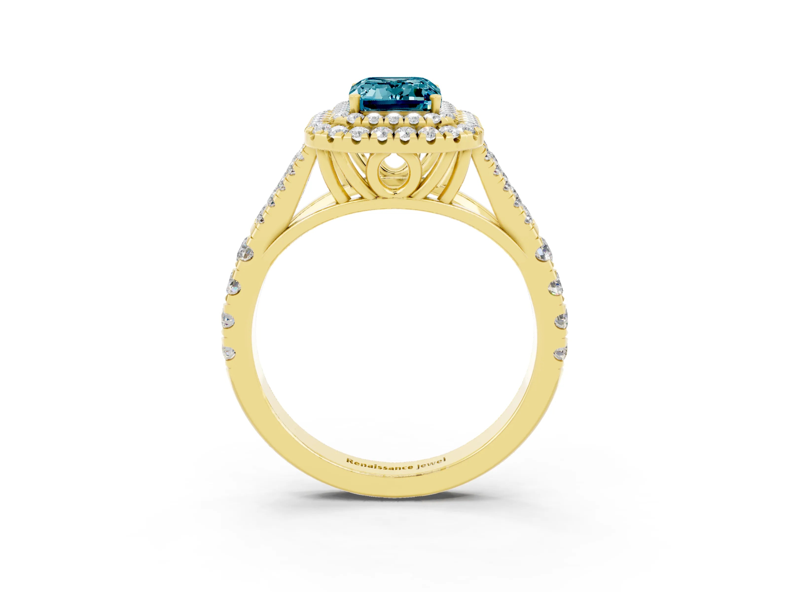 Yellow gold Double Halo Emerald Cut Blue Topaz Split Shank Engagement Ring with Four-Prong Setting_3