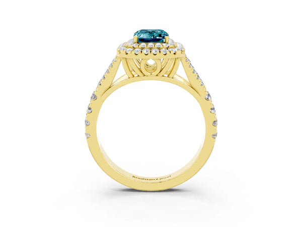 Yellow gold Double Halo Emerald Cut Blue Topaz Split Shank Engagement Ring with Four-Prong Setting