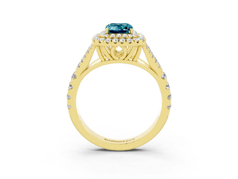 Yellow gold Double Halo Emerald Cut Blue Topaz Split Shank Engagement Ring with Four-Prong Setting_3