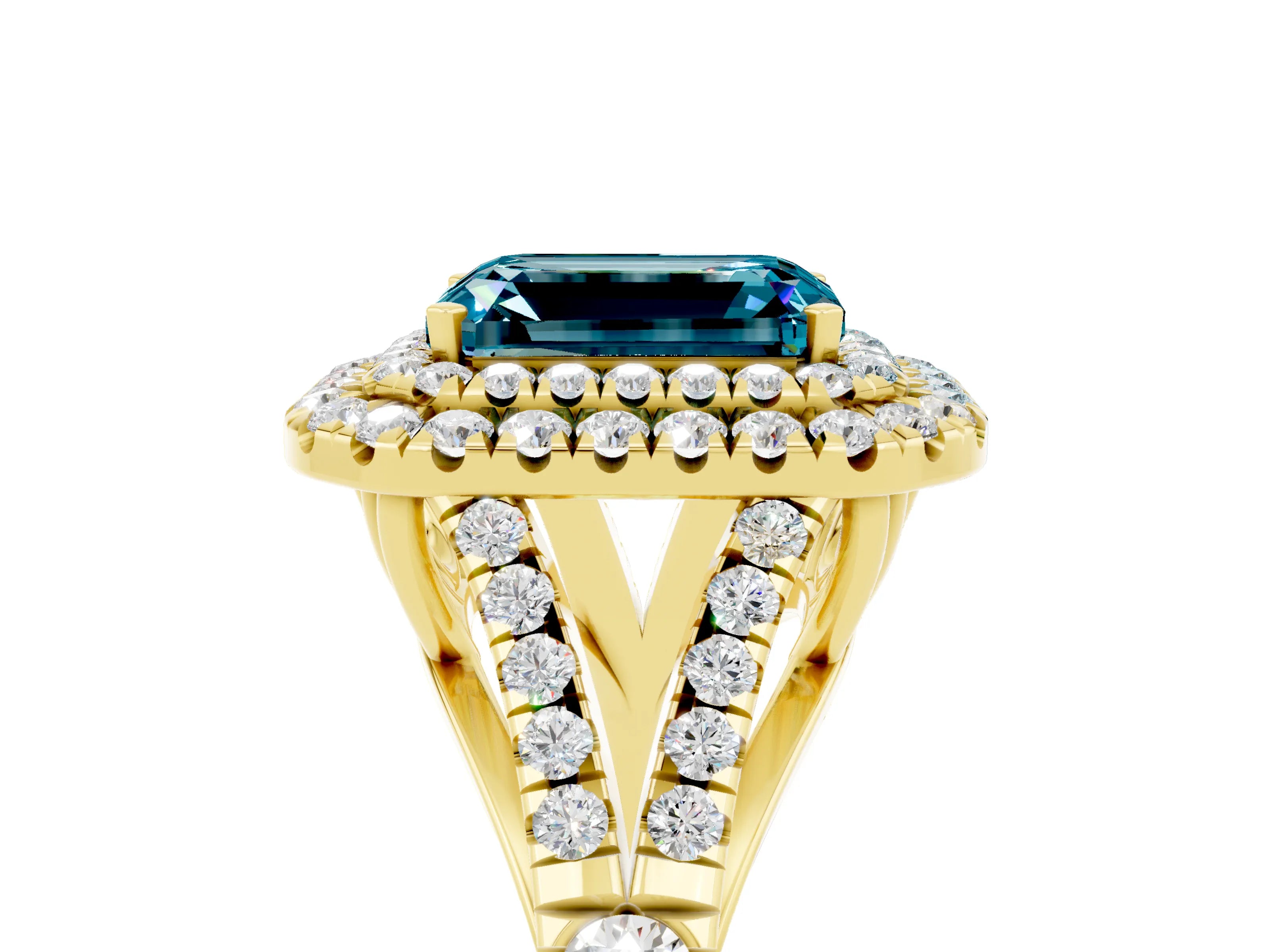 Yellow gold Double Halo Emerald Cut Blue Topaz Split Shank Engagement Ring with Four-Prong Setting_5