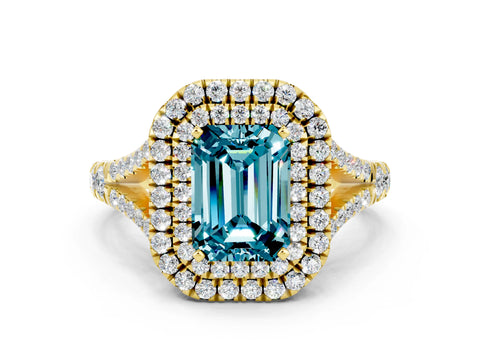 Yellow gold Double Halo Emerald Cut Blue Topaz Split Shank Engagement Ring with Four-Prong Setting