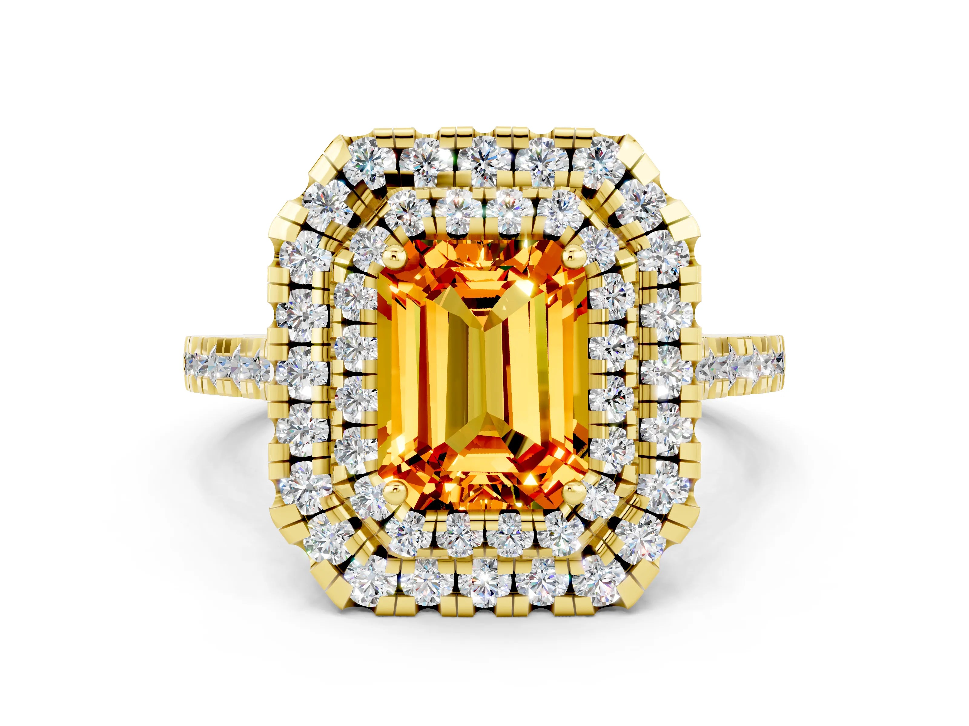 Yellow gold Double Halo Emerald Cut Citrine Pavé Band with Four-Prong Setting