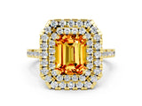 Yellow gold Double Halo Emerald Cut Citrine Pavé Band with Four-Prong Setting