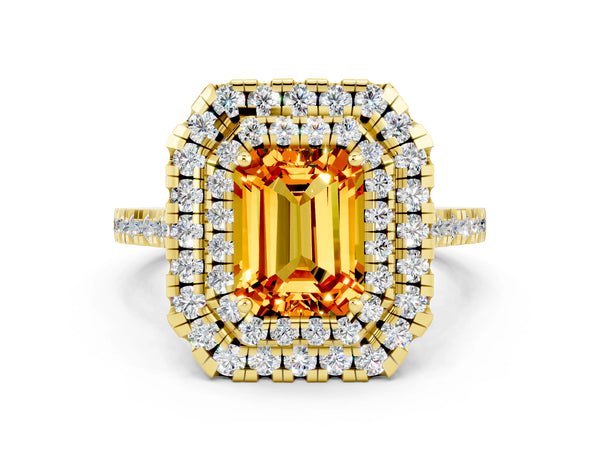 Yellow gold Double Halo Emerald Cut Citrine Pavé Band with Four-Prong Setting