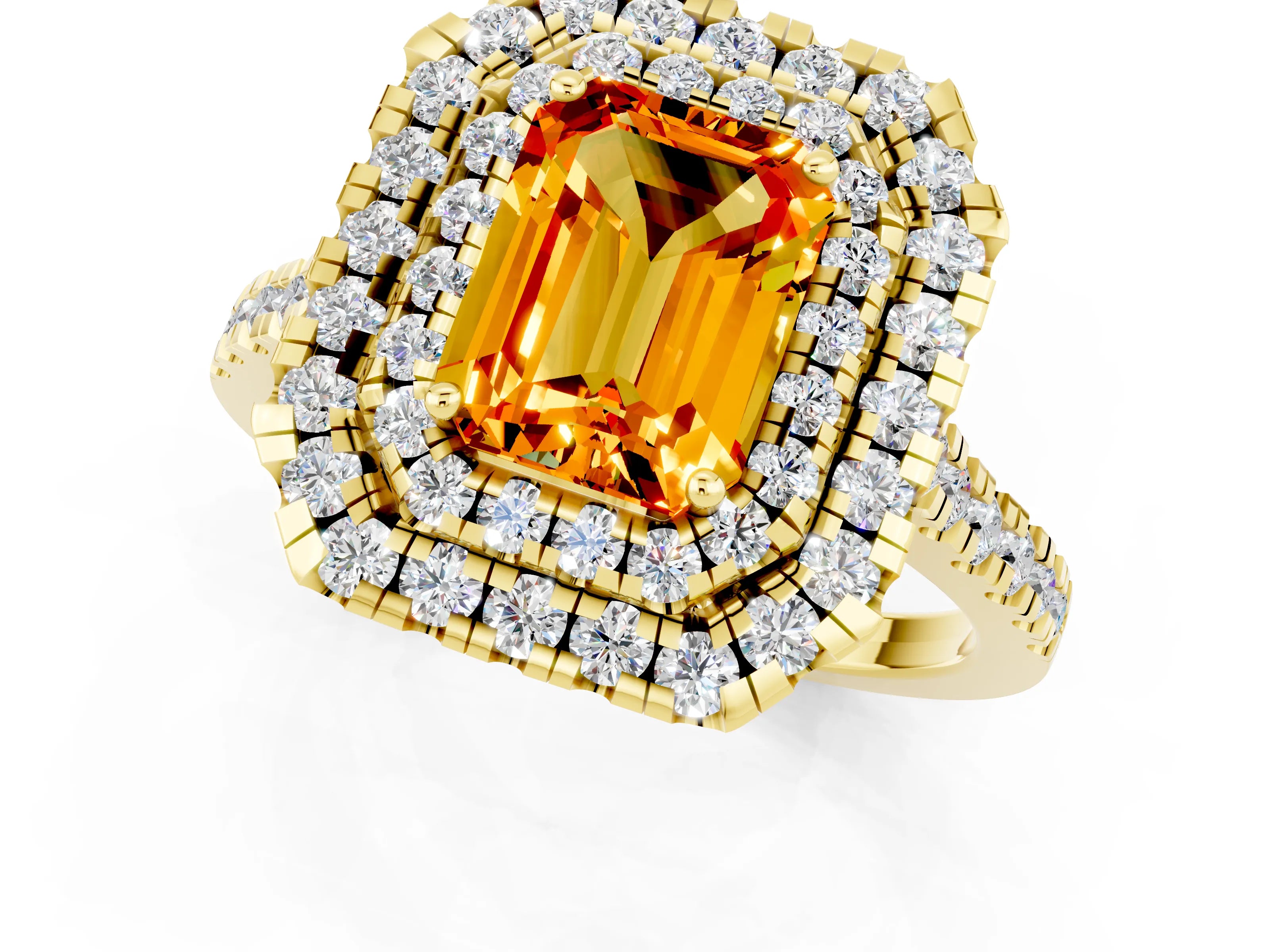 Yellow gold Double Halo Emerald Cut Citrine Pavé Band with Four-Prong Setting_1