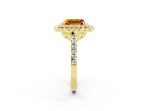 Yellow gold Double Halo Emerald Cut Citrine Pavé Band with Four-Prong Setting