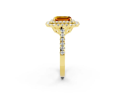 Yellow gold Double Halo Emerald Cut Citrine Pavé Band with Four-Prong Setting_2