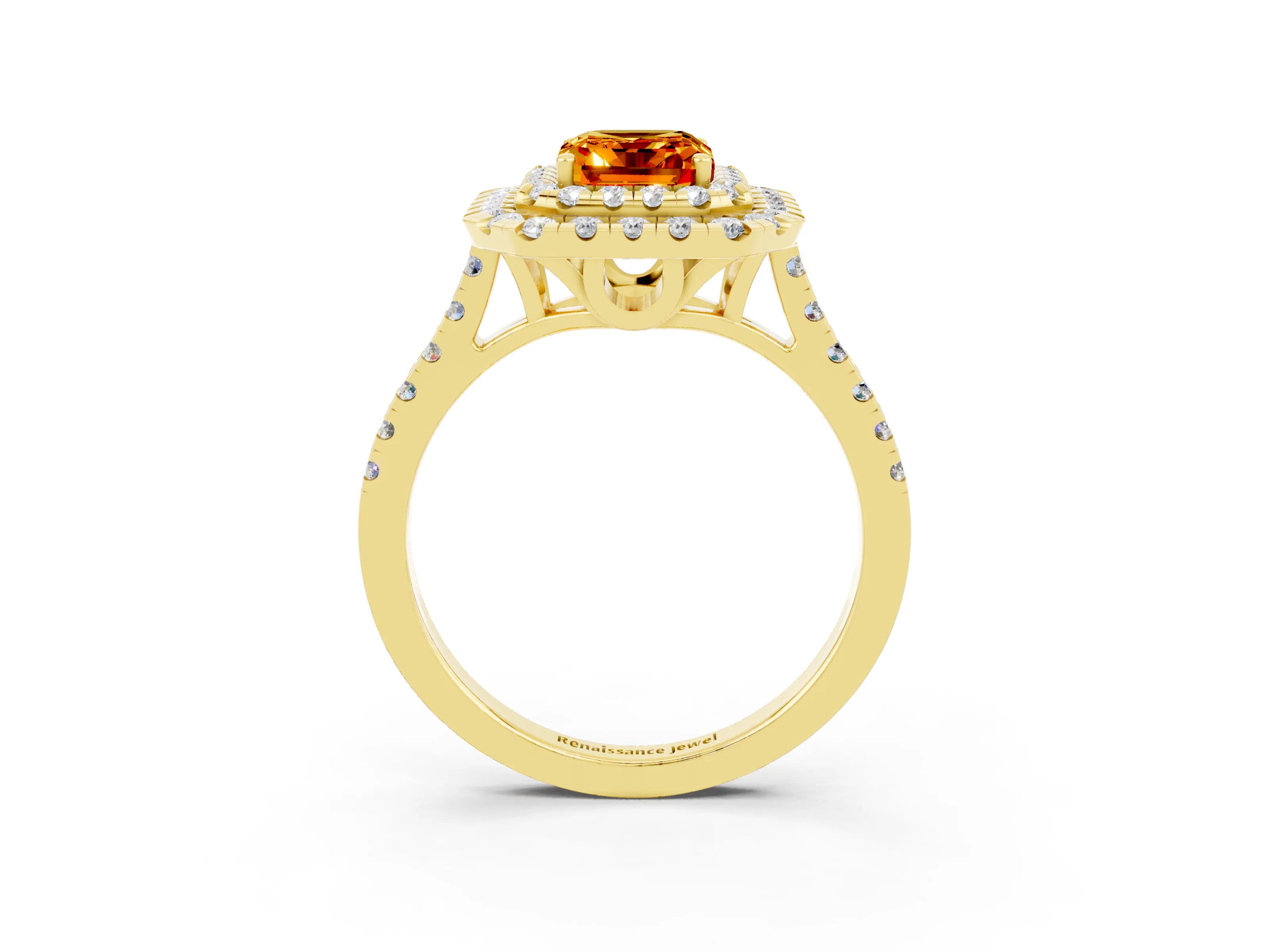 Yellow gold Double Halo Emerald Cut Citrine Pavé Band with Four-Prong Setting_3