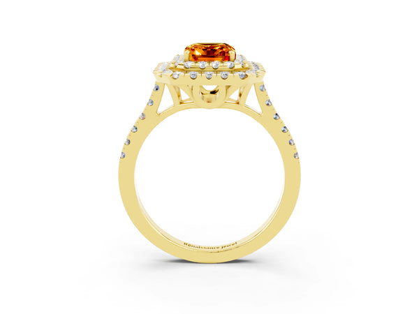 Yellow gold Double Halo Emerald Cut Citrine Pavé Band with Four-Prong Setting