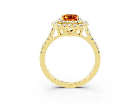 Yellow gold Double Halo Emerald Cut Citrine Pavé Band with Four-Prong Setting_3