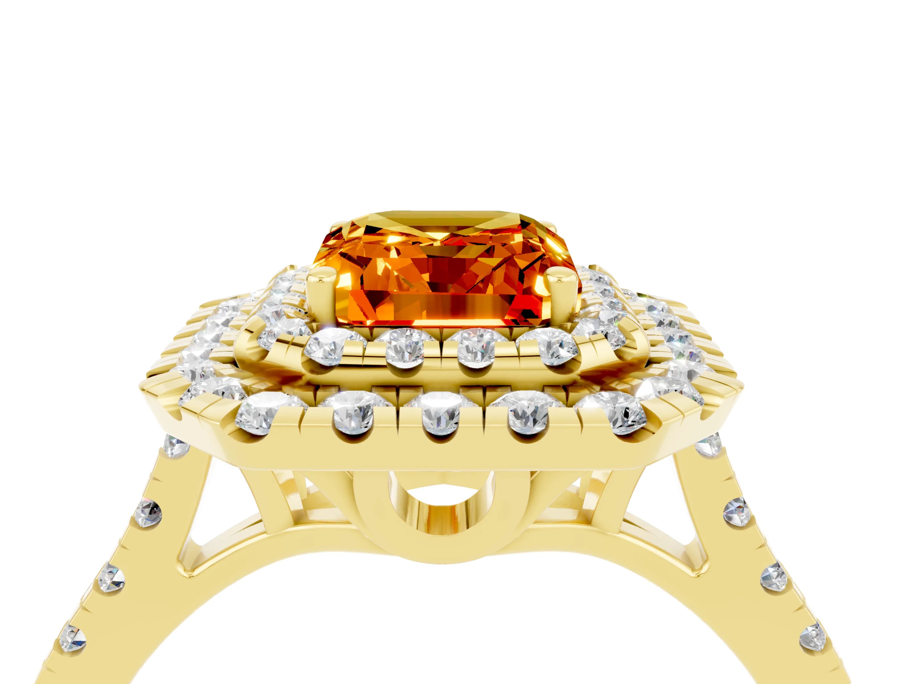Yellow gold Double Halo Emerald Cut Citrine Pavé Band with Four-Prong Setting_4