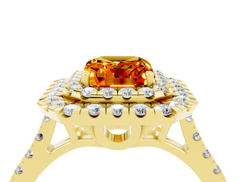 Yellow gold Double Halo Emerald Cut Citrine Pavé Band with Four-Prong Setting_4