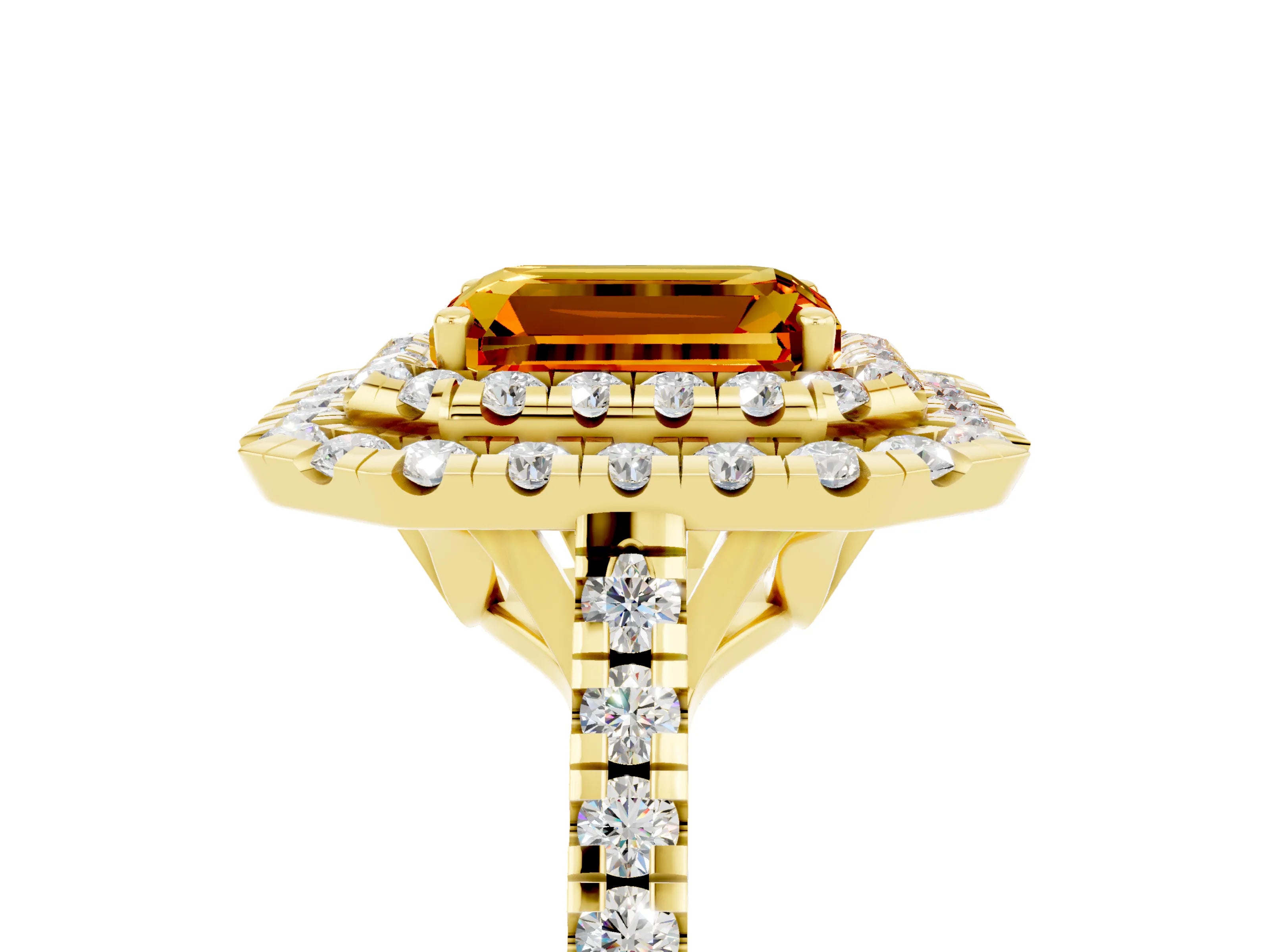 Yellow gold Double Halo Emerald Cut Citrine Pavé Band with Four-Prong Setting_5