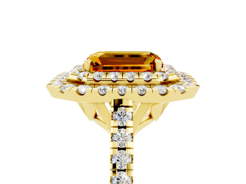 Yellow gold Double Halo Emerald Cut Citrine Pavé Band with Four-Prong Setting_5