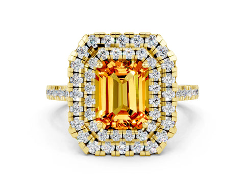 Yellow gold Double Halo Emerald Cut Citrine Pavé Band with Four-Prong Setting