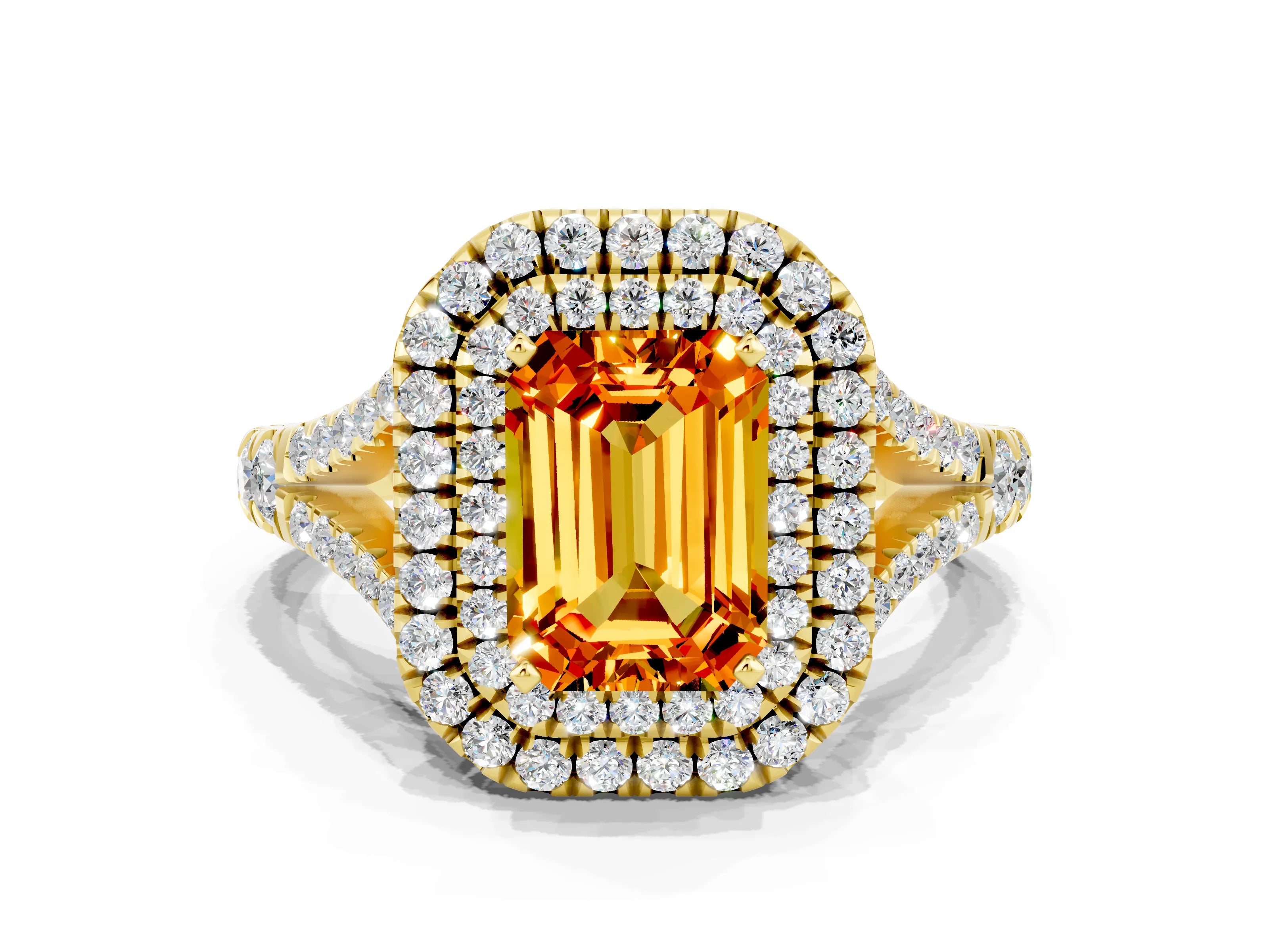 Yellow gold Double Halo Emerald Cut Citrine Pavé Split Shank Ring with Prong Setting