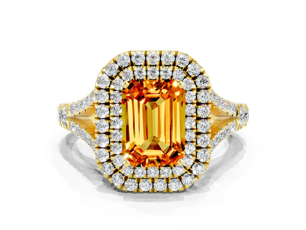 Yellow gold Double Halo Emerald Cut Citrine Pavé Split Shank Ring with Prong Setting