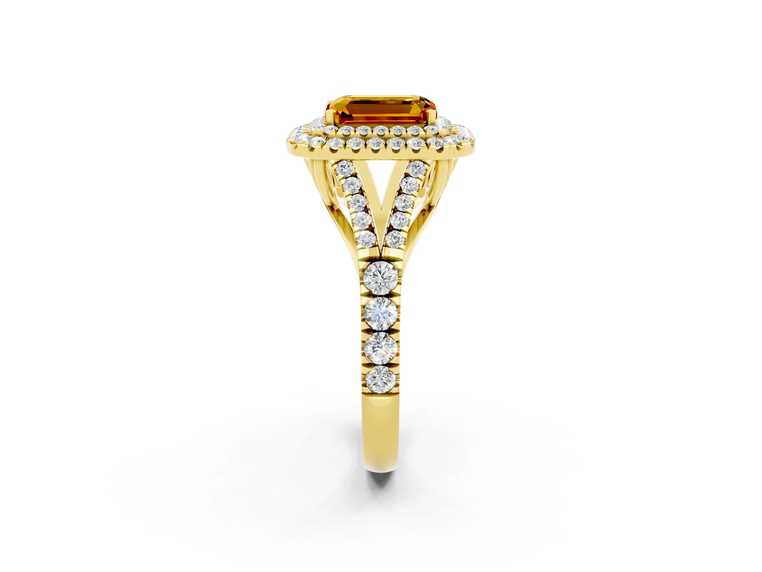 Yellow gold Double Halo Emerald Cut Citrine Pavé Split Shank Ring with Prong Setting_2