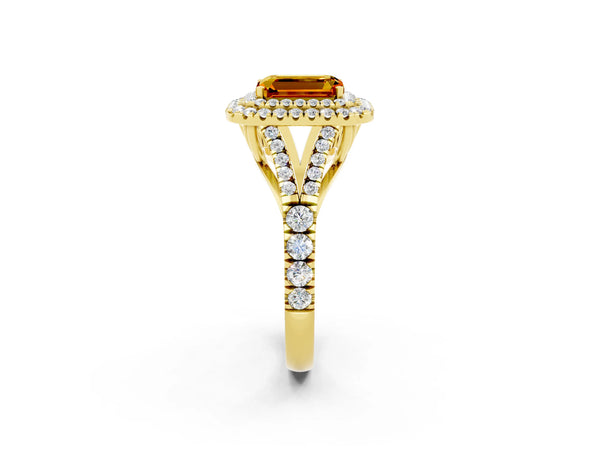 Yellow gold Double Halo Emerald Cut Citrine Pavé Split Shank Ring with Prong Setting