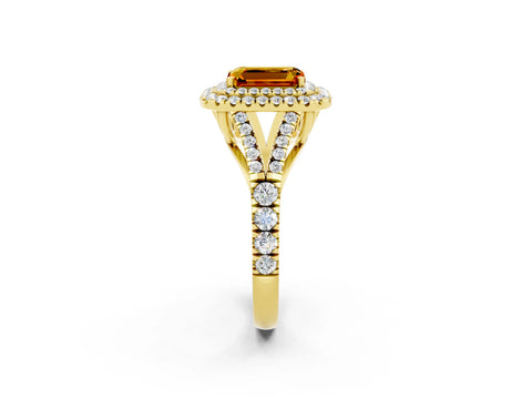 Yellow gold Double Halo Emerald Cut Citrine Pavé Split Shank Ring with Prong Setting_2