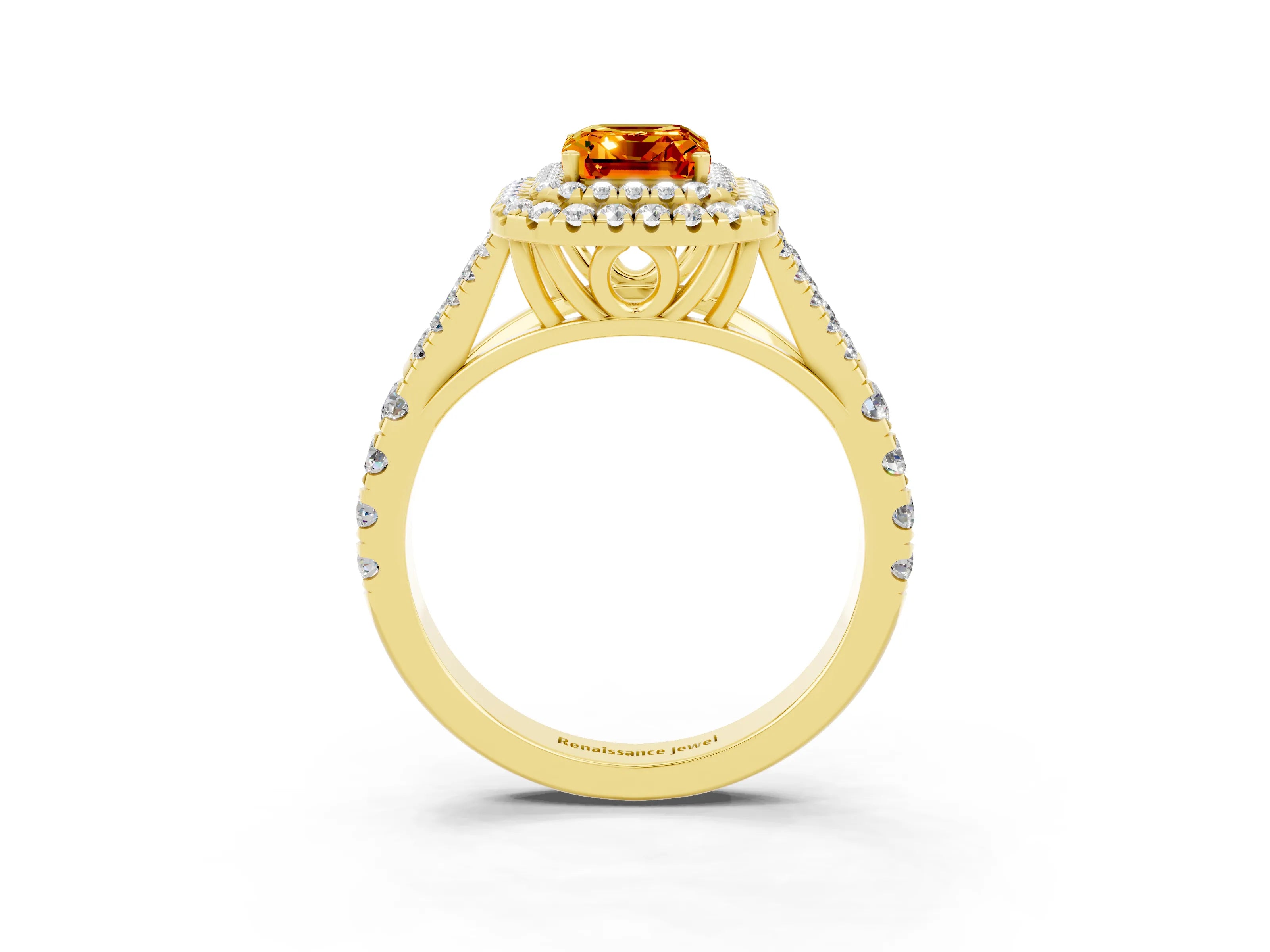 Yellow gold Double Halo Emerald Cut Citrine Pavé Split Shank Ring with Prong Setting_3