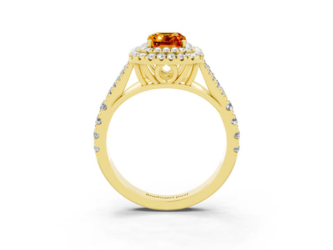 Yellow gold Double Halo Emerald Cut Citrine Pavé Split Shank Ring with Prong Setting_3