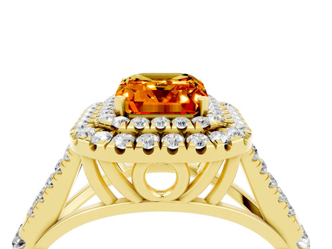 Yellow gold Double Halo Emerald Cut Citrine Pavé Split Shank Ring with Prong Setting_4