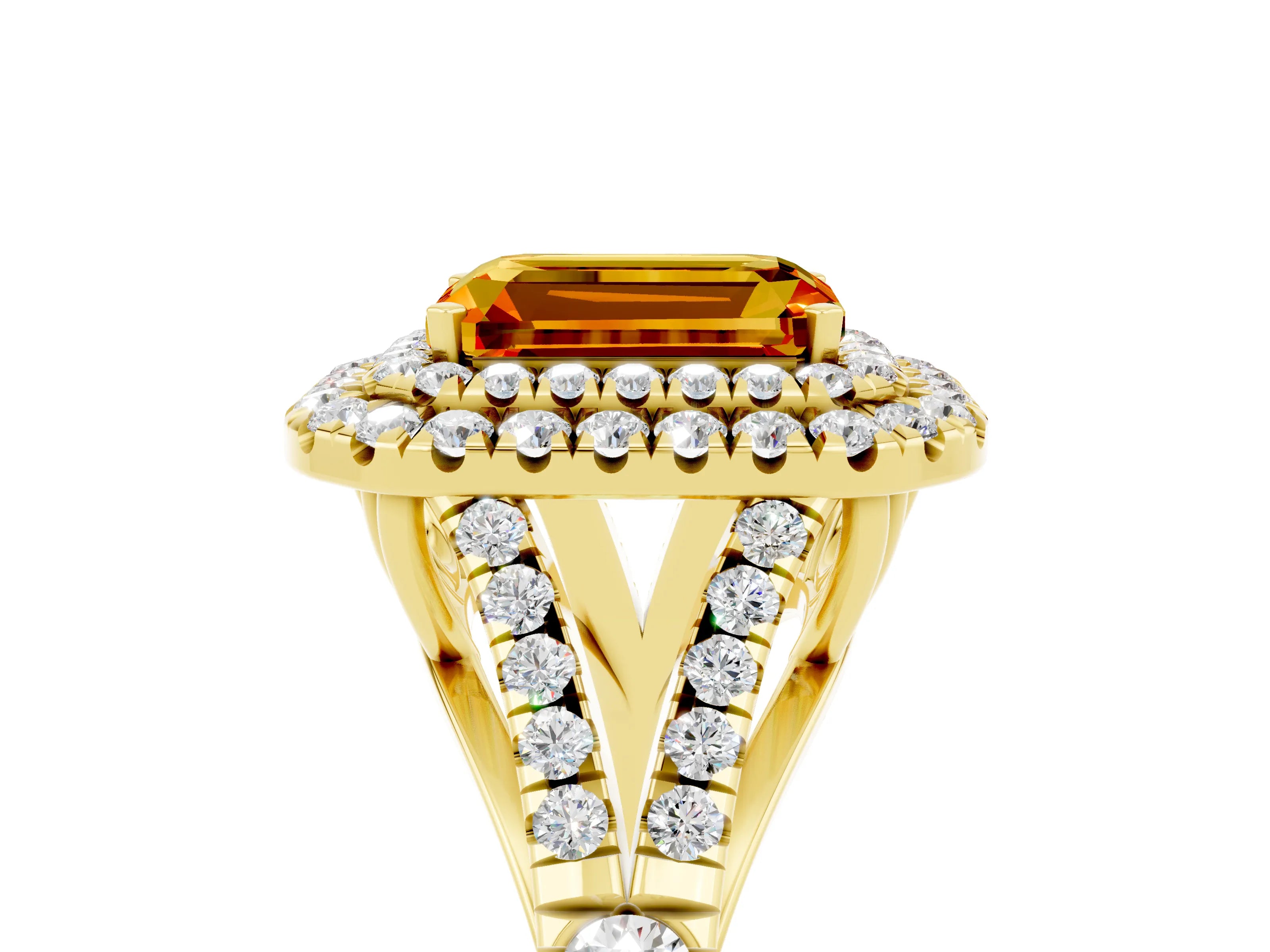 Yellow gold Double Halo Emerald Cut Citrine Pavé Split Shank Ring with Prong Setting_5