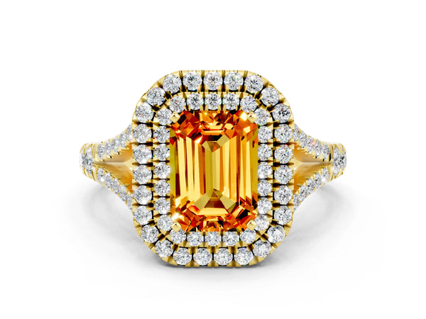 Yellow gold Double Halo Emerald Cut Citrine Split Shank Engagement Ring with Four-Prong Setting