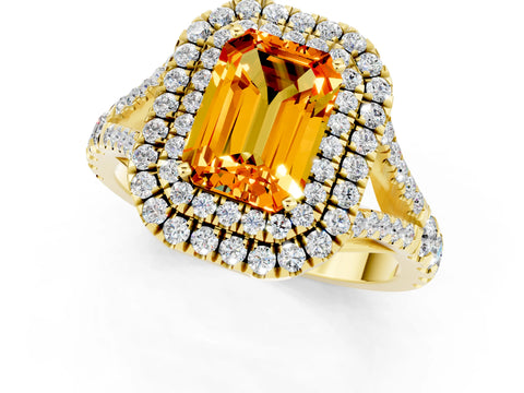 Yellow gold Double Halo Emerald Cut Citrine Split Shank Engagement Ring with Four-Prong Setting_1