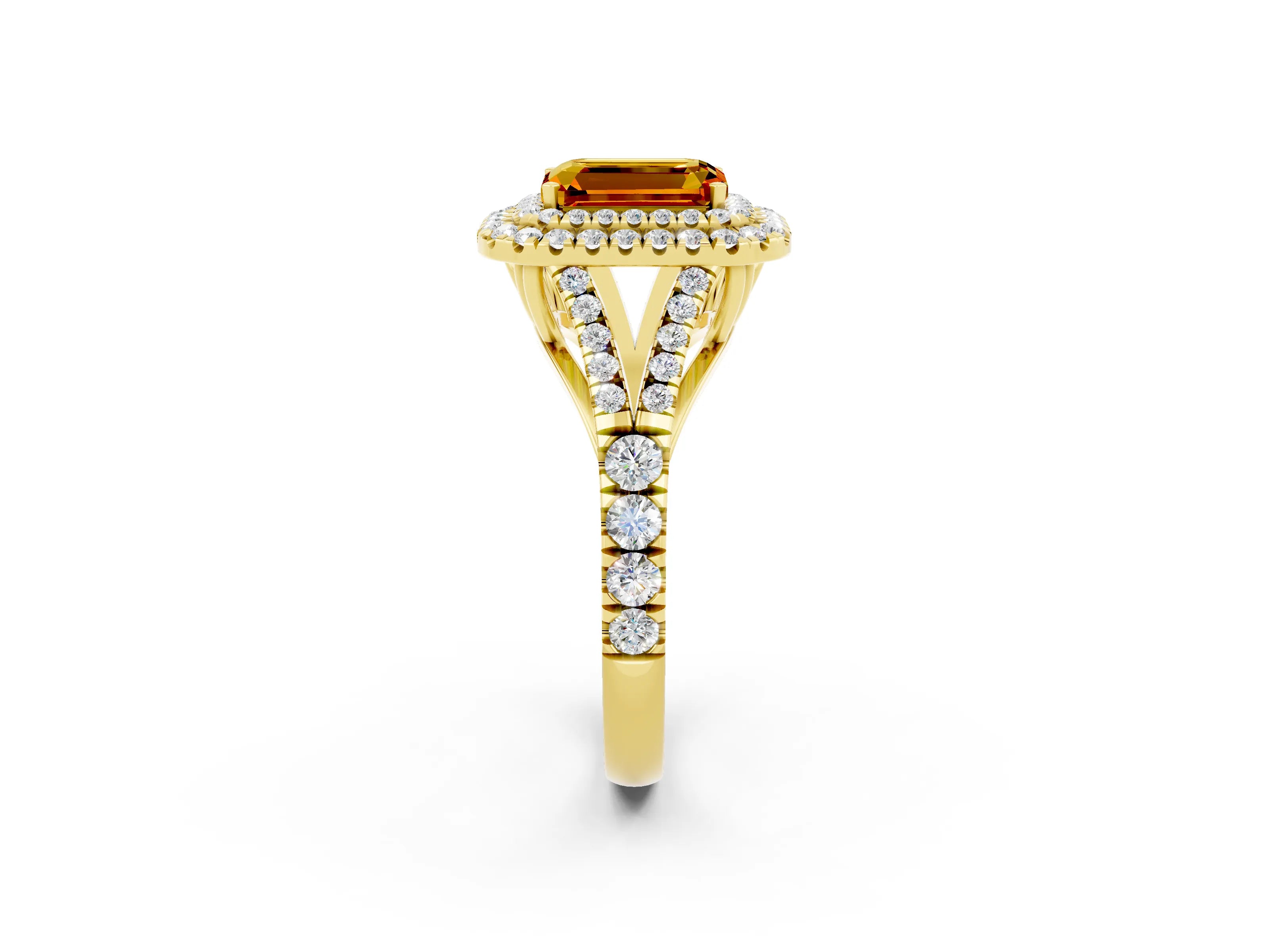 Yellow gold Double Halo Emerald Cut Citrine Split Shank Engagement Ring with Four-Prong Setting_2